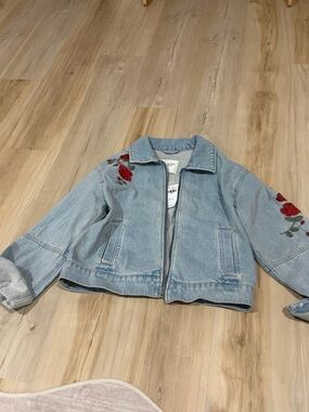 Abercrombie & Fitch Light Blue Denim Jacket with Red Rose Embroidery
